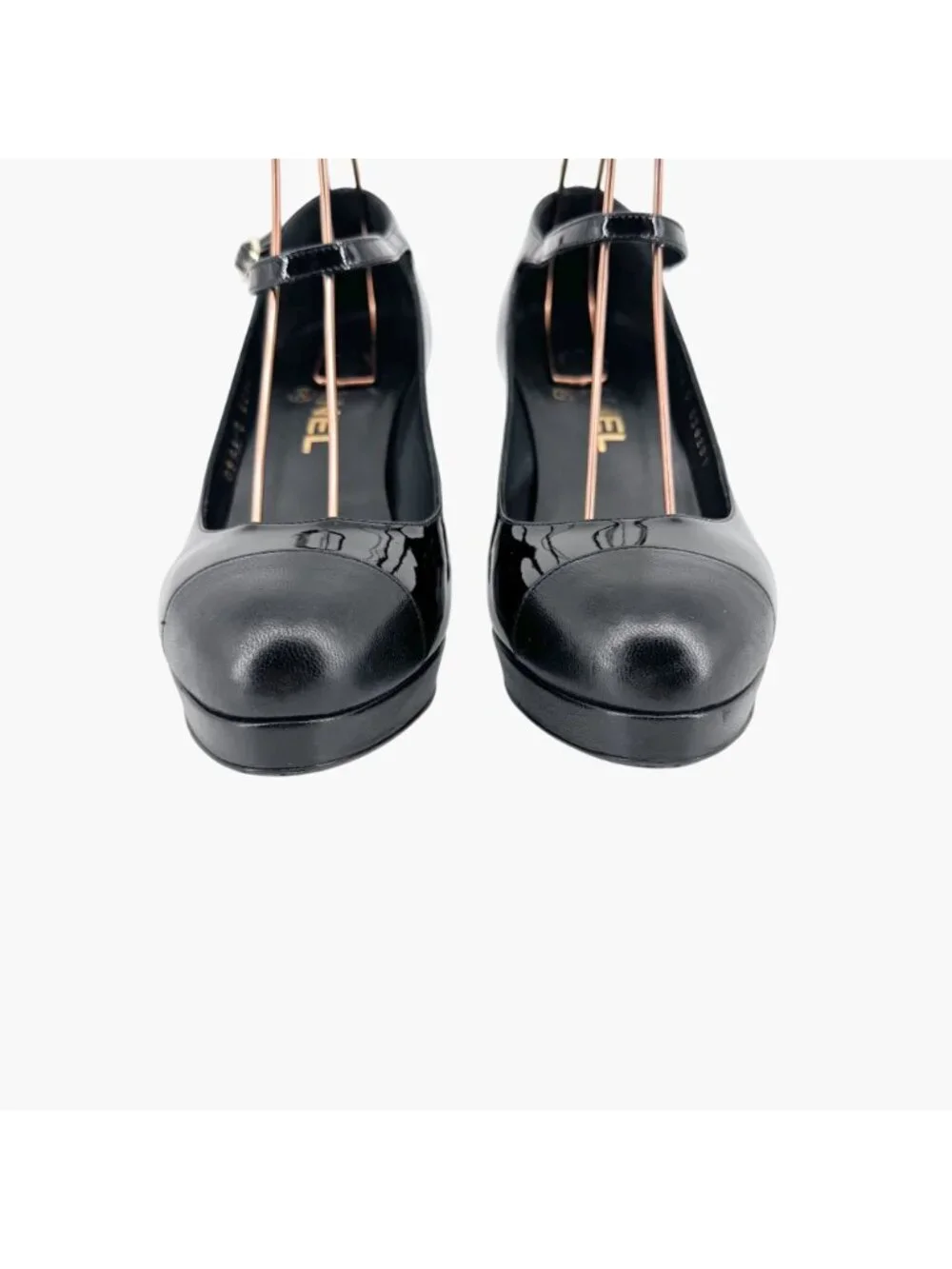 Chanel Platform Pumps Size 38 US 7-7.5 Black Patent Cap Toe Mary Jane Mid Heel - Picture 6 of 15